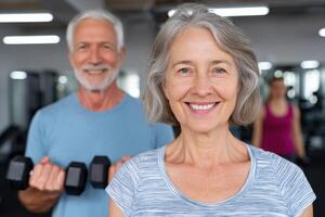 Active Seniors Healthy Lifestyle and Fitness. A portrait of a smiling senior woman and man working out at the gym, promoting heal photo