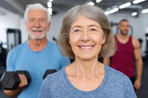 Active Senior Woman in Gym Fitness, Wellness, and Healthy Aging. A portrait of a smiling older woman working out, promoting healt photo