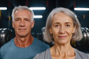 Portrait of a fit senior couple in a gym. Healthy aging, active lifestyle, and fitness goals. Determination and strength in thei photo