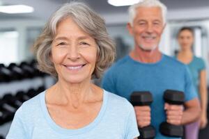 Active Seniors Healthy Lifestyle and Fitness in the Gym. Discover the benefits of strength training and exercise for older adults photo