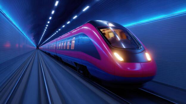High Speed Train in Neon Tunnel Futuristic Rail Travel. Experience the speed and innovation of modern railway transportation throu photo