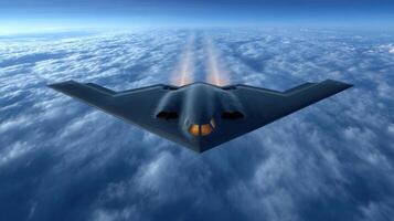 Majestic Stealth Bomber Soaring Through Clouds A breathtaking view of a powerful military aircraft in flight, showcasing its sleek photo