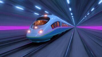 High Speed Train in Neon Tunnel Futuristic Rail Travel. Experience the thrill of ultrafast train travel through a vibrant, neon li photo