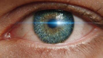 A Captivating of a Human Eye Exploring the Depths of Vision and Consciousness. The mesmerizing blue iris and intricate details re photo