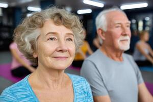 Serene Senior Woman in a Yoga Class Finding Inner Peace and Wellness Through Exercise. Healthy Aging and Active Lifestyle photo