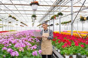 A man in a greenhouse inspects flowers, using a laptop to manage the flora in this colorful environment. Hanging baskets and various blooms create a vibrant scene. photo