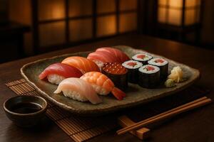 A plate with sushi and chopsticks on a table photo