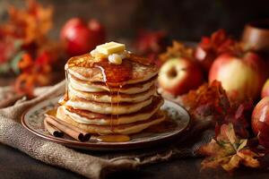 A stack of pancakes with syrup and apples on a plate photo