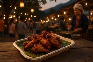 A tray of chicken wings on a table in front of people photo