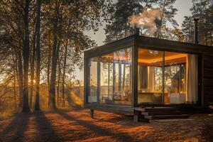 A small cabin sitting in the woods with a view of the sun setting photo