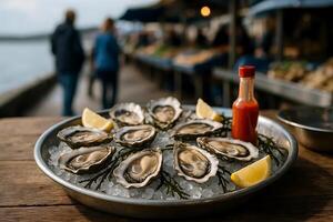 Oysters on ice with lemon wedges photo