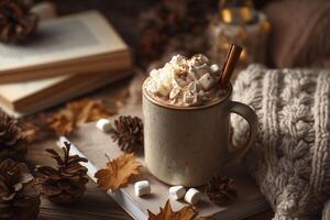 Hot chocolate with marshmallows and cinnamon sticks on a wooden table photo