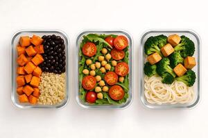 Three containers with different types of food in them photo