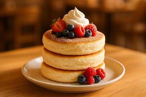 A stack of pancakes topped with berries and whipped cream photo
