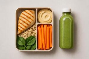 A container with a chicken breast, carrots, and a green smoothie photo