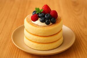 A stack of three cakes with berries on top photo