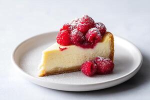 Raspberry cheesecake slice with powdered sugar photo
