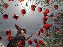 A carefree girl stands or walks in a vibrant red poppy field under warm summer light, embracing nature and freedom video