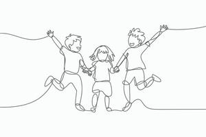 Three happy children holding hands and jumping together in a continuous line drawing vector