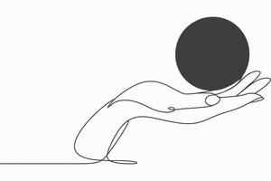 Minimalist single line drawing of a hand holding a dark circle against a white background vector