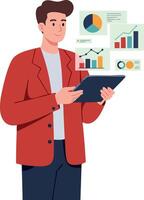 Man analyzing business charts on tablet with red jacket and data visualization vector
