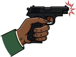 Hand holding firing black handgun with flash illustration design vector