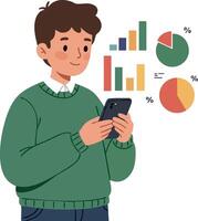 Young man analyzing financial data on smartphone with colorful charts and graphs illustration vector