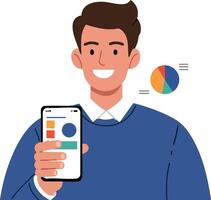 Young man smiling showing mobile phone with colorful pie chart and data analysis illustration vector