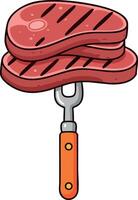 Grilled steak meat on fork with orange handle illustration food cooking barbecue vector