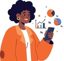 Woman holding smartphone with business analytics charts and graph illustration in orange jacket vector