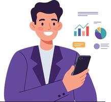 Young man analyzing financial data on smartphone with charts and graphs illustration vector