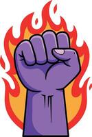 Purple Fist Raised with Red and Orange Flames Illustration Symbolizing Power and Strength vector