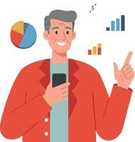 Man holding smartphone analyzing colorful business charts and graphs illustration vector