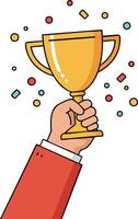 Hand Holding Gold Trophy Cup Celebration with Colorful Confetti Illustration vector
