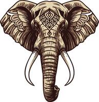 Elephant head with tribal patterns detailed illustration in brown shades natural design vector