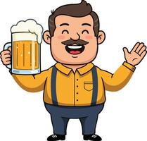 Man holding beer glass with foam smiling happily in cartoon style illustration vector