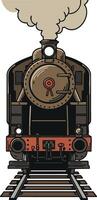 Vintage steam locomotive train front view with smoke and railway tracks illustration vector