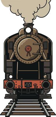 Vintage steam locomotive train front view with smoke and railway tracks illustration