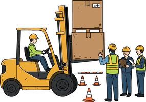 Forklift operator lifting large boxes with workers supervising warehouse safety procedures vector