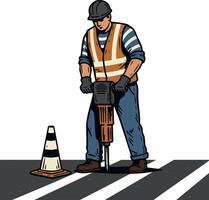 Construction worker using jackhammer on road with safety cone illustration vector