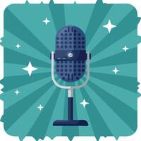 Vintage microphone illustration with starry teal background and retro style vector