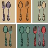 Vintage silverware spoon fork and knife set on colorful retro backgrounds illustration vector