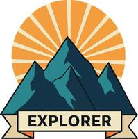 Mountain explorer emblem with sunrise background and banner design illustration vector