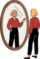 Woman looking at reflection in oval mirror with wooden frame illustration vector
