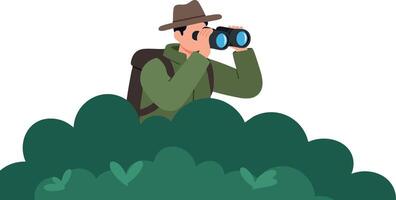 Man with binoculars observing nature from bushes exploring outdoors activity vector