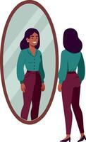Woman looking at reflection in full length mirror indoor illustration smiling confident vector