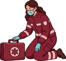 Female Emergency Responder Wearing Mask Kneeling with Medical Kit in Red Uniform Illustration vector