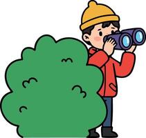 Child in yellow hat watching through binoculars behind green bush illustration vector