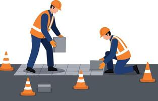Construction workers laying concrete pavement with safety cones in urban worksite environment vector