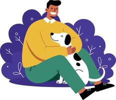 Man sitting on ground hugging dog with purple leaves in background illustration vector